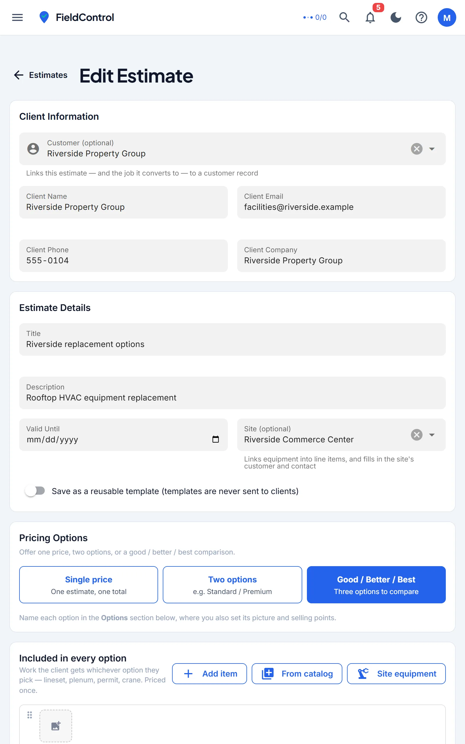 ServiceRunner FSM estimate screen with line items